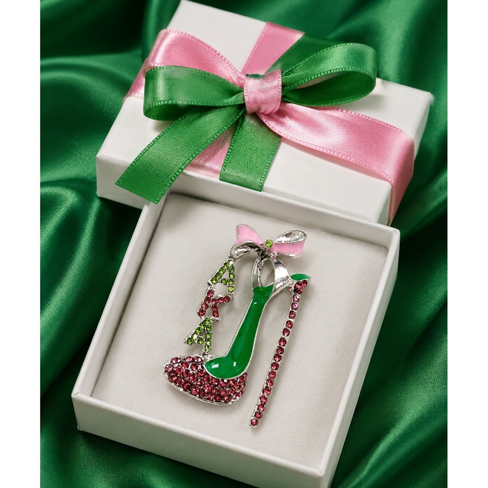 AKA Alpha Kappa‎ Alpha Brooch Pin Shoe Heel Pink and Green